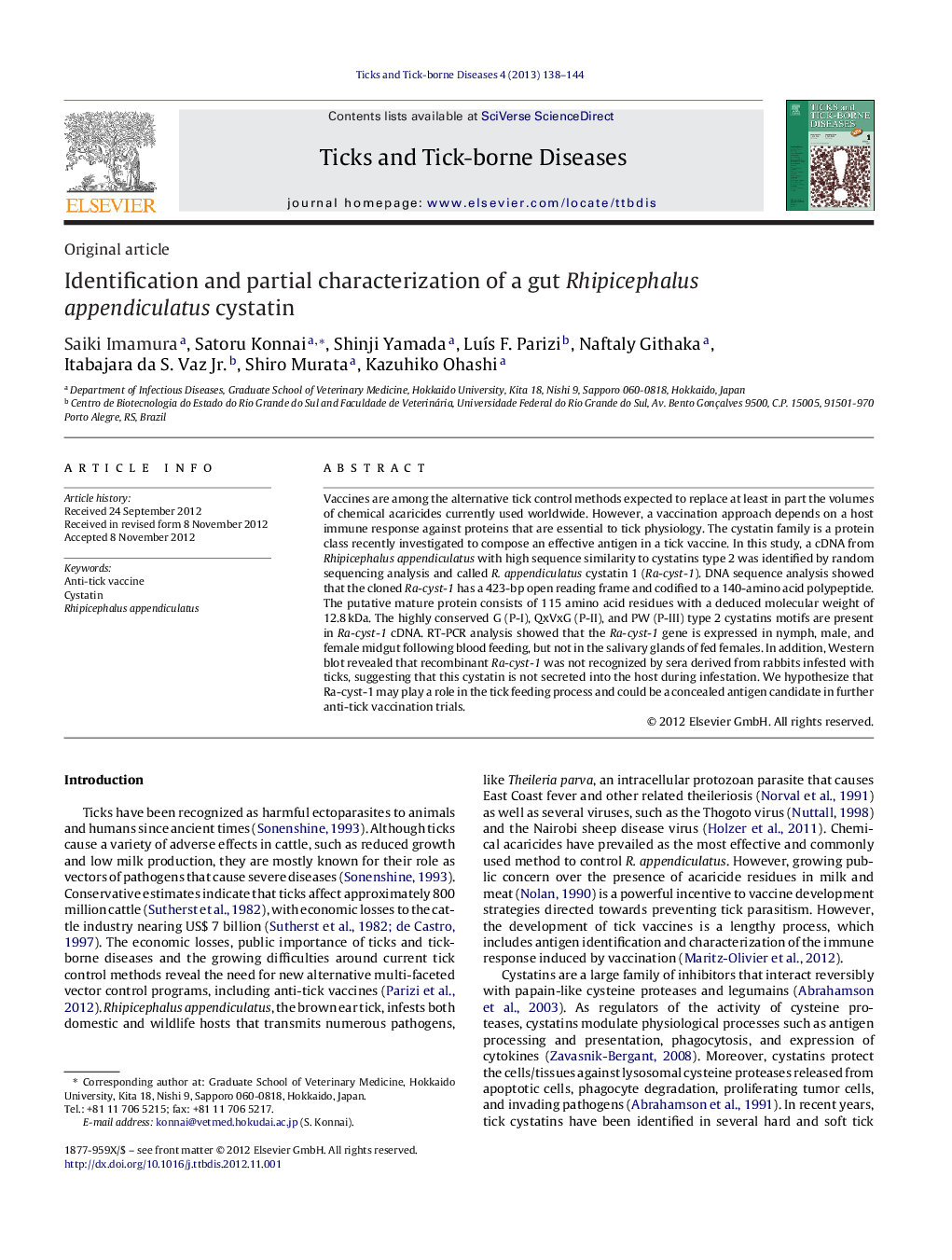 Identification and partial characterization of a gut Rhipicephalus appendiculatus cystatin