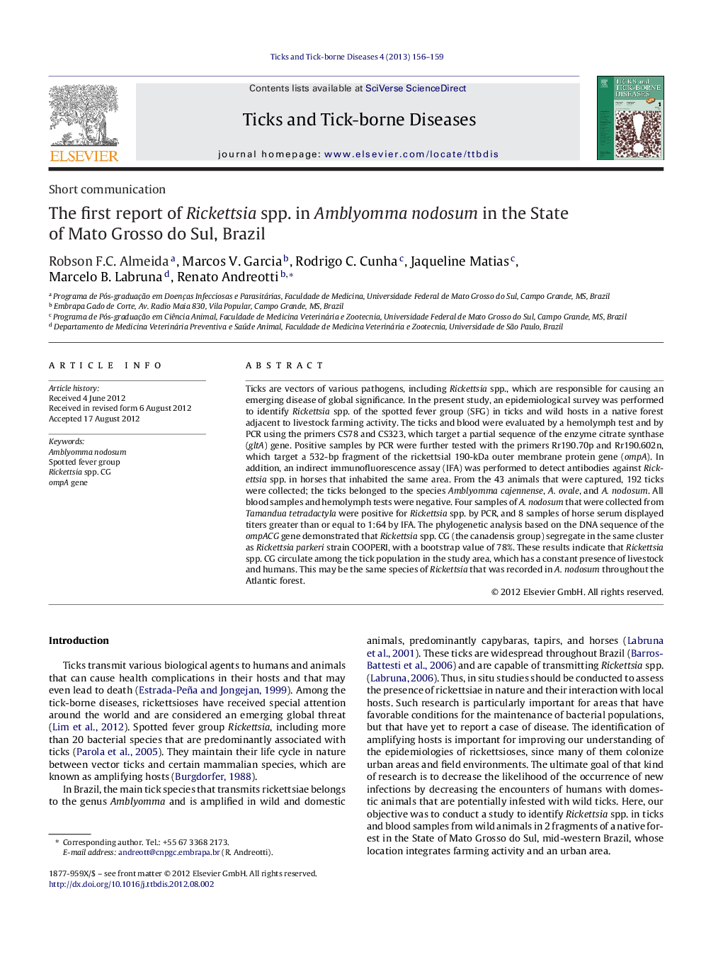 The first report of Rickettsia spp. in Amblyomma nodosum in the State of Mato Grosso do Sul, Brazil