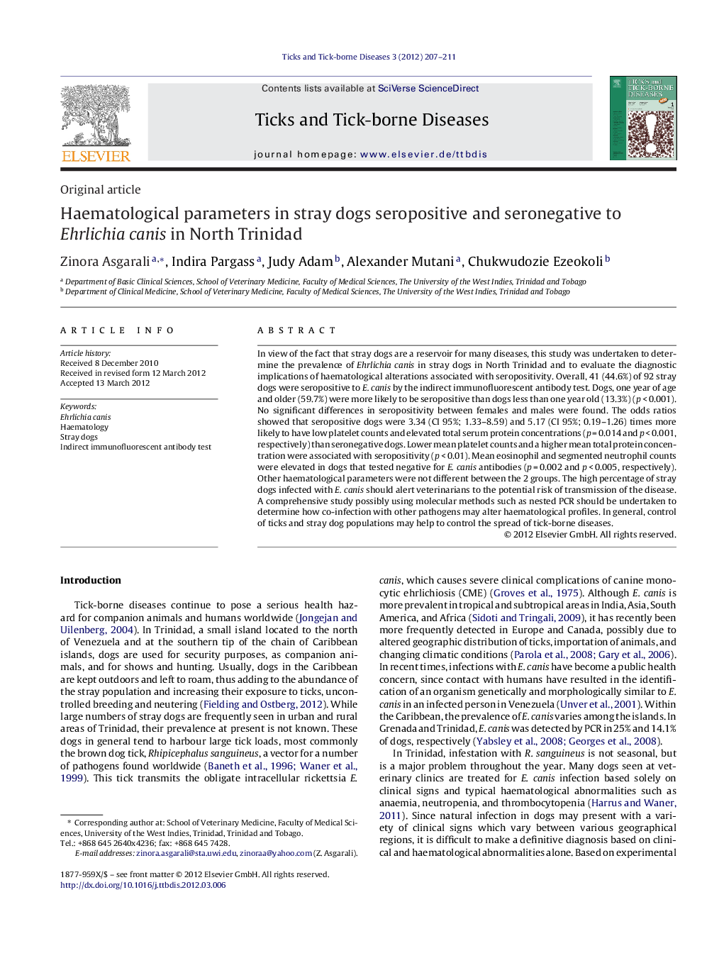 Haematological parameters in stray dogs seropositive and seronegative to Ehrlichia canis in North Trinidad