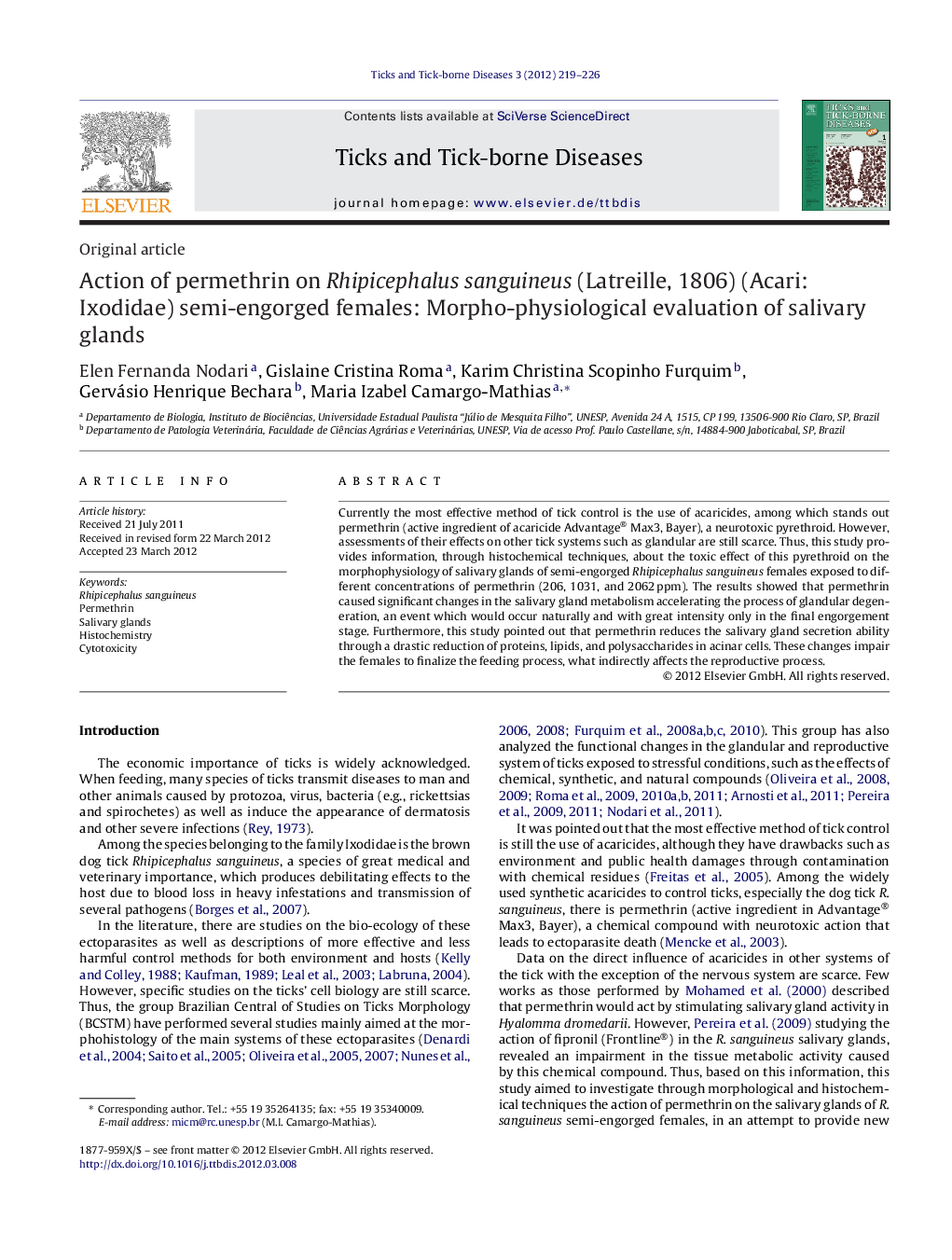 Action of permethrin on Rhipicephalus sanguineus (Latreille, 1806) (Acari: Ixodidae) semi-engorged females: Morpho-physiological evaluation of salivary glands