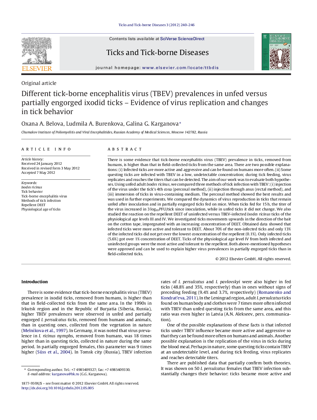 Different tick-borne encephalitis virus (TBEV) prevalences in unfed versus partially engorged ixodid ticks – Evidence of virus replication and changes in tick behavior