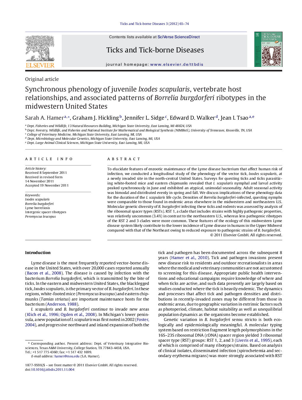 Synchronous phenology of juvenile Ixodes scapularis, vertebrate host relationships, and associated patterns of Borrelia burgdorferi ribotypes in the midwestern United States