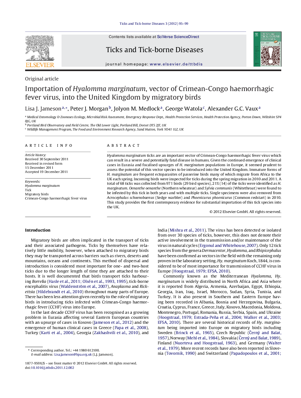 Importation of Hyalomma marginatum, vector of Crimean-Congo haemorrhagic fever virus, into the United Kingdom by migratory birds