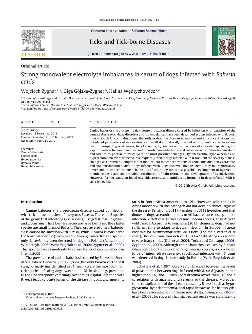 Strong monovalent electrolyte imbalances in serum of dogs infected with Babesia canis