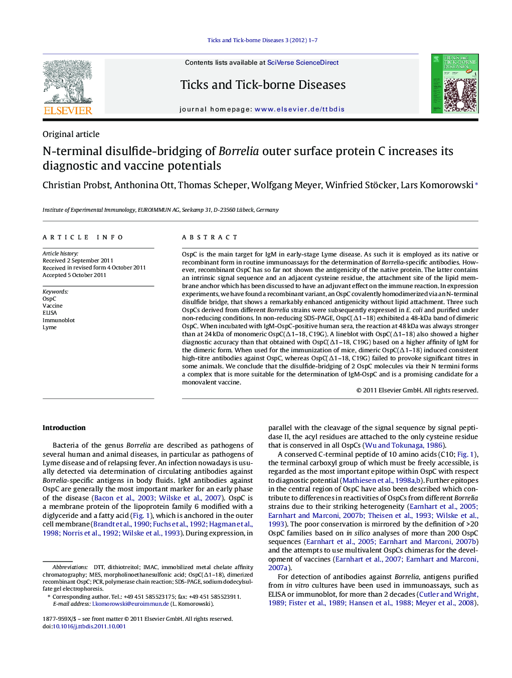 N-terminal disulfide-bridging of Borrelia outer surface protein C increases its diagnostic and vaccine potentials