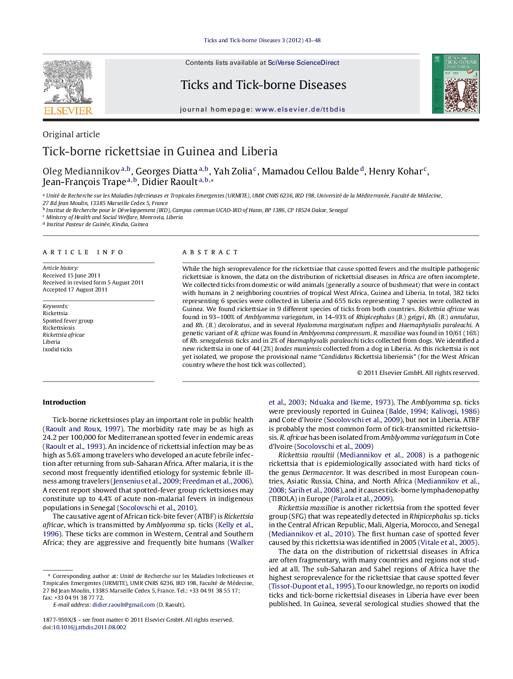 Tick-borne rickettsiae in Guinea and Liberia