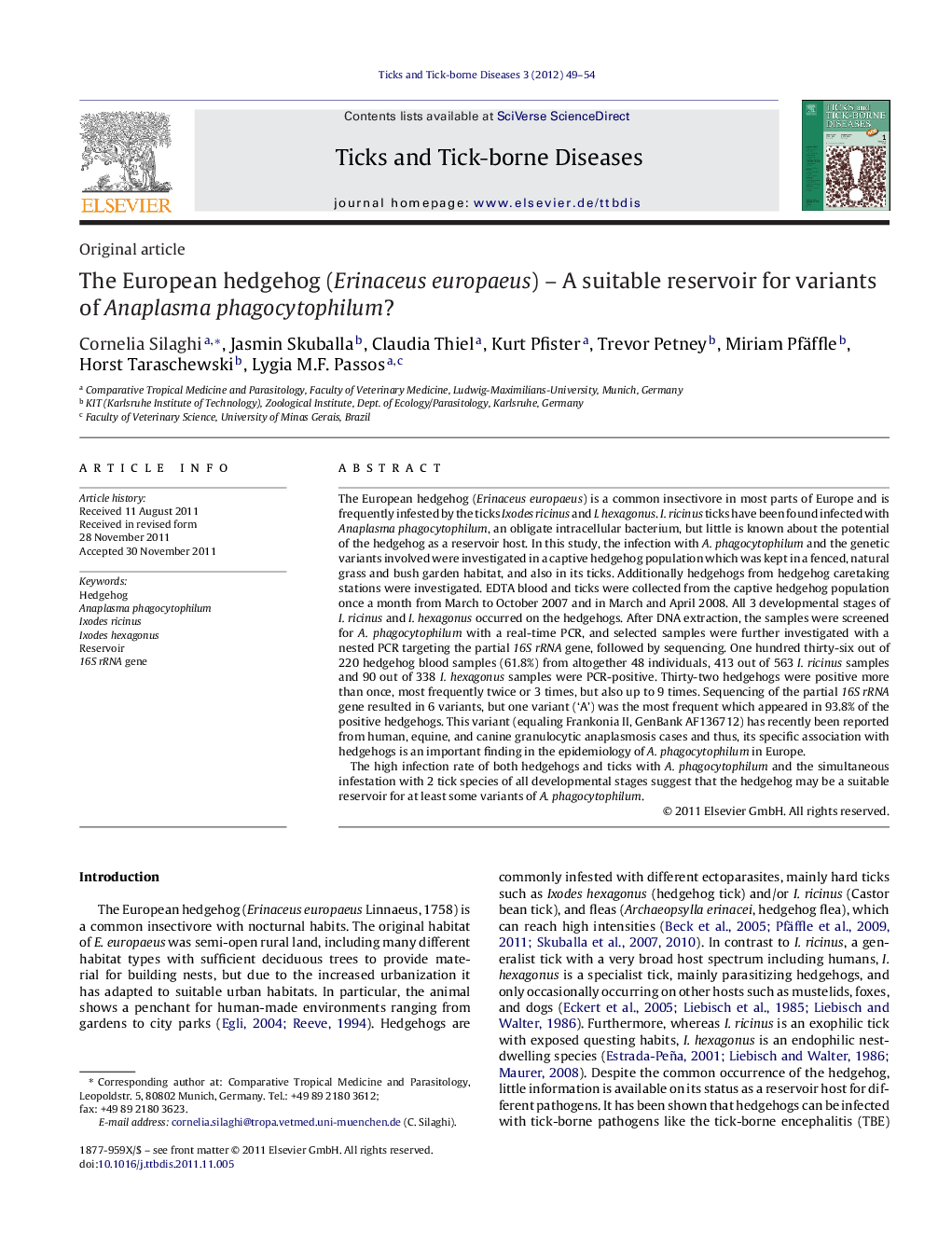 The European hedgehog (Erinaceus europaeus) – A suitable reservoir for variants of Anaplasma phagocytophilum?