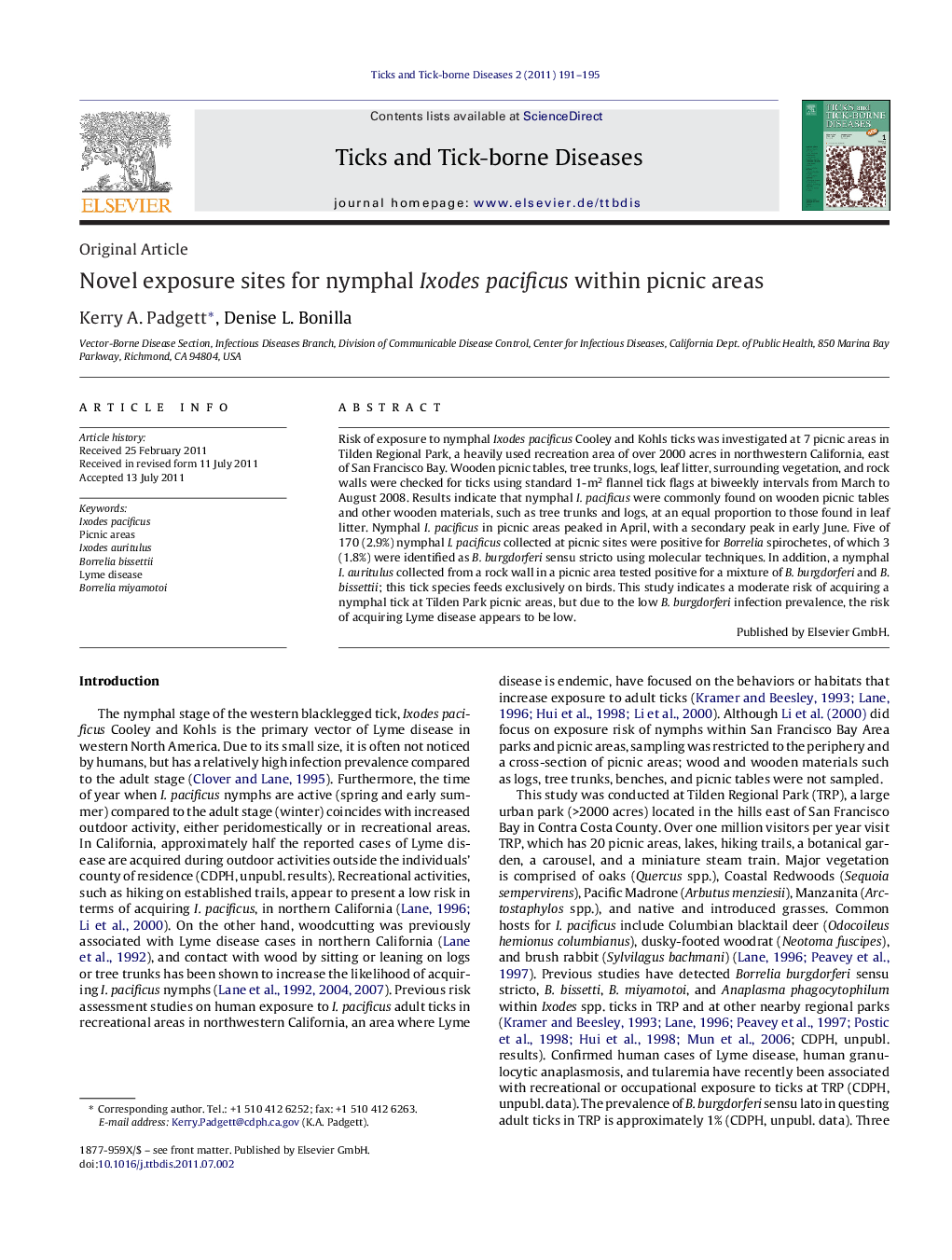 Novel exposure sites for nymphal Ixodes pacificus within picnic areas