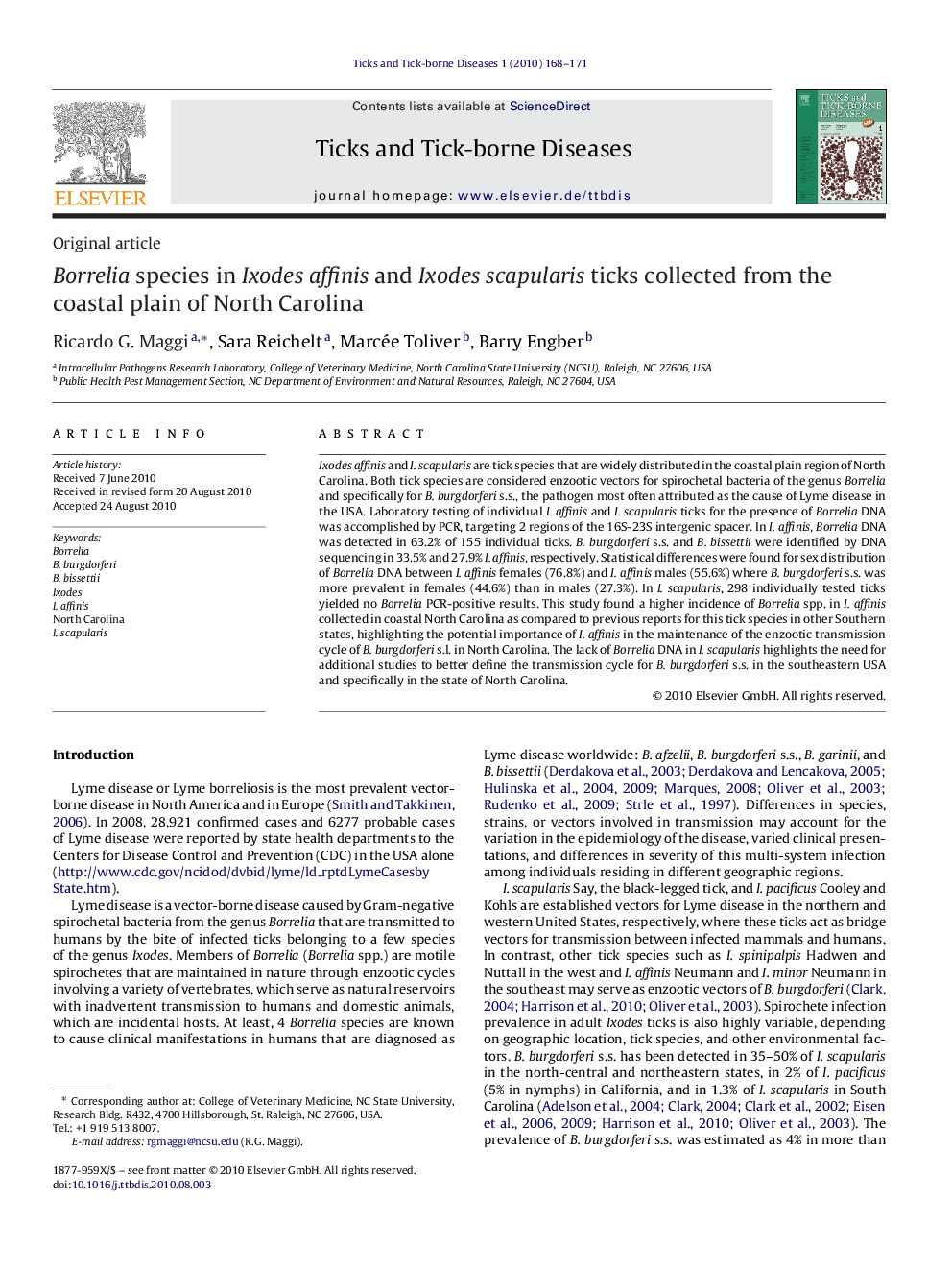 Borrelia species in Ixodes affinis and Ixodes scapularis ticks collected from the coastal plain of North Carolina