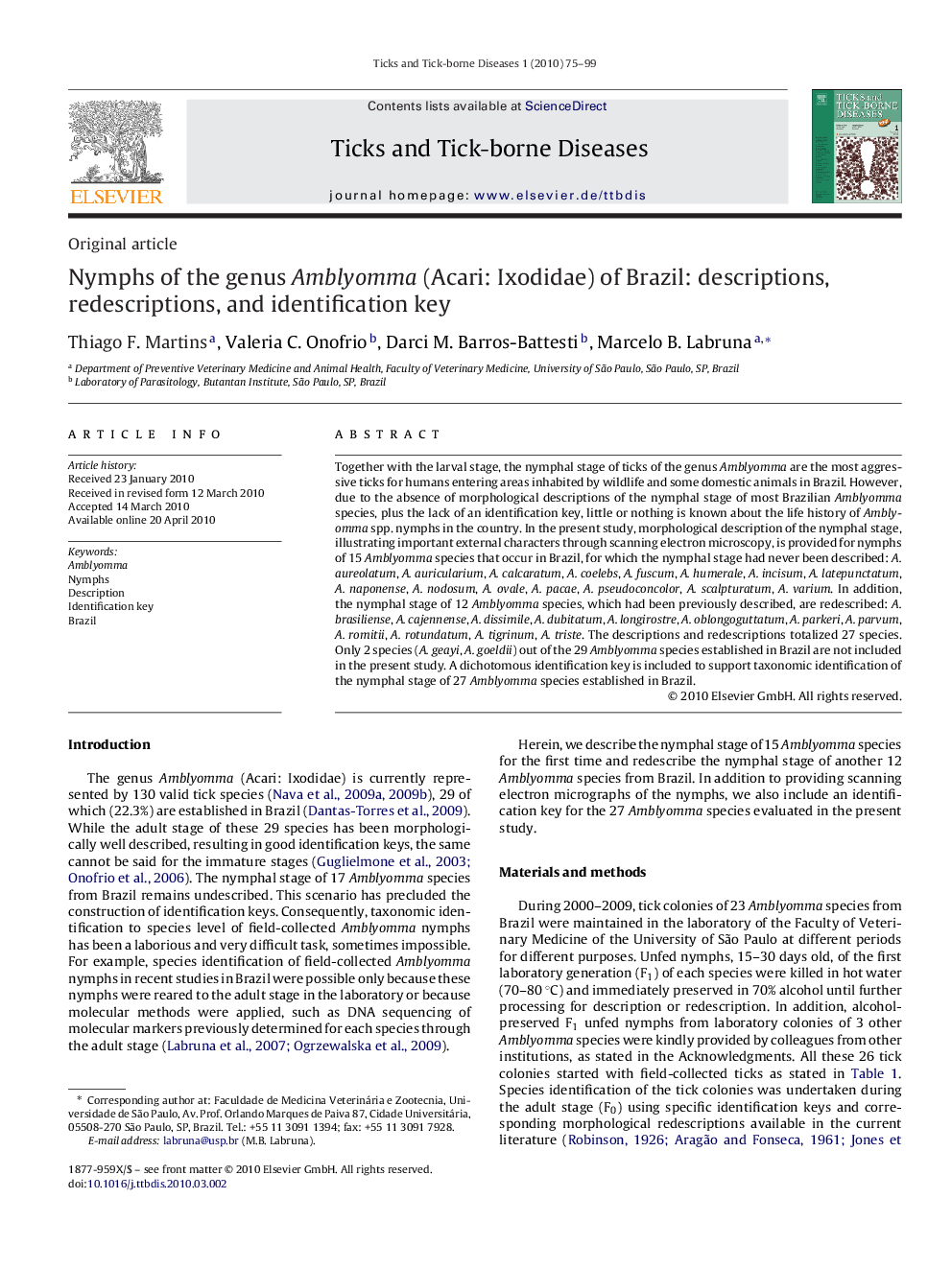 Nymphs of the genus Amblyomma (Acari: Ixodidae) of Brazil: descriptions, redescriptions, and identification key