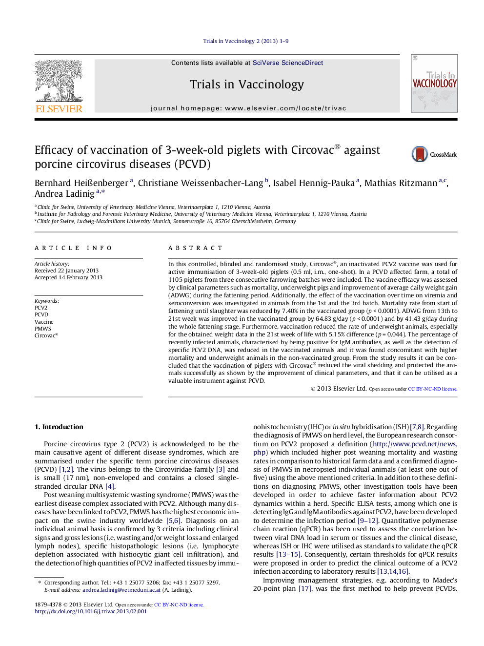 Efficacy of vaccination of 3-week-old piglets with Circovac® against porcine circovirus diseases (PCVD)