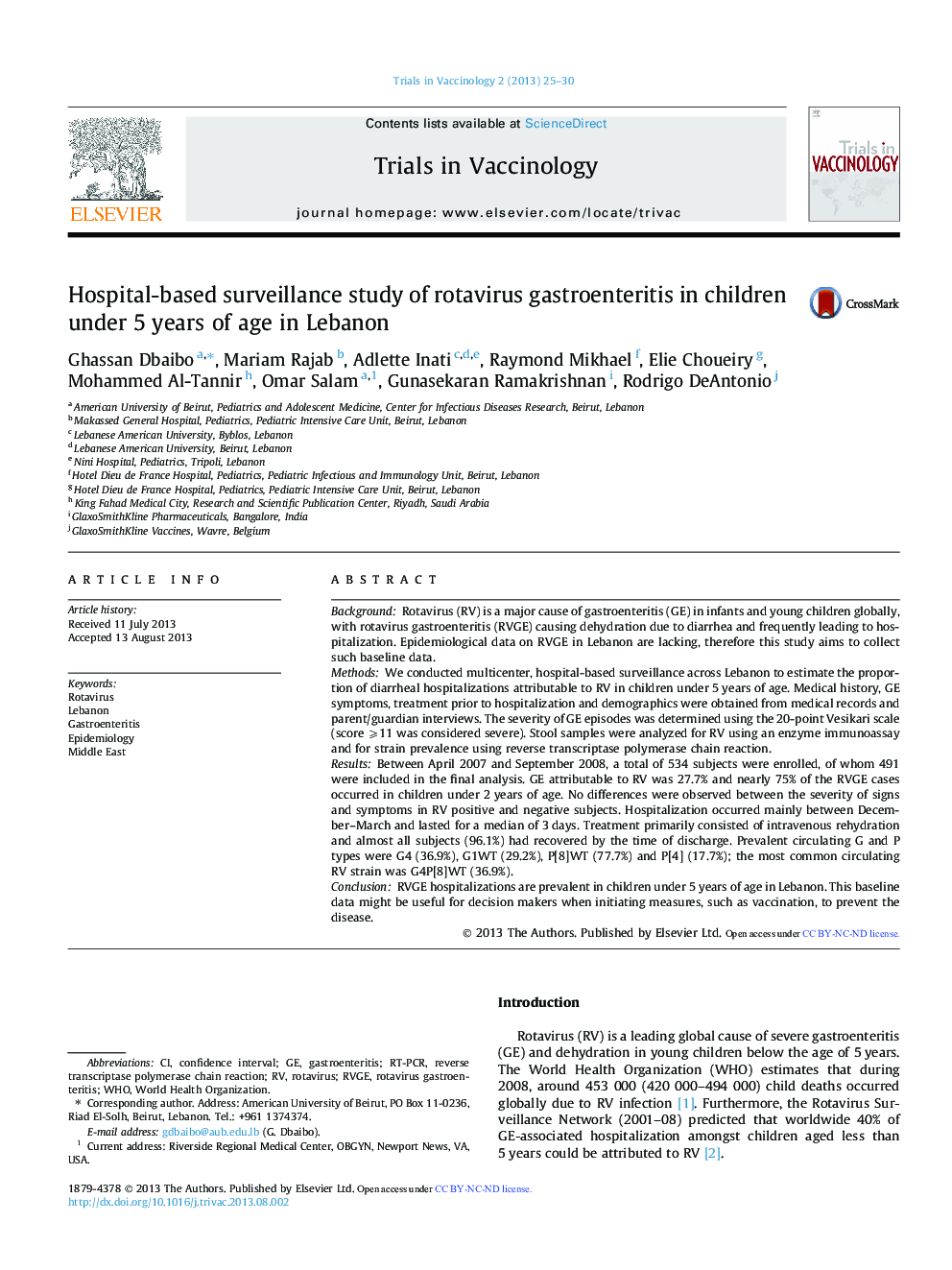 Hospital-based surveillance study of rotavirus gastroenteritis in children under 5 years of age in Lebanon