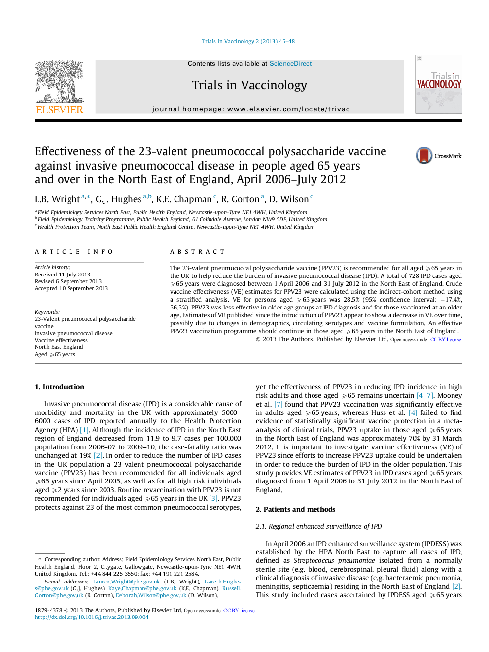 Effectiveness of the 23-valent pneumococcal polysaccharide vaccine against invasive pneumococcal disease in people aged 65 years and over in the North East of England, April 2006–July 2012