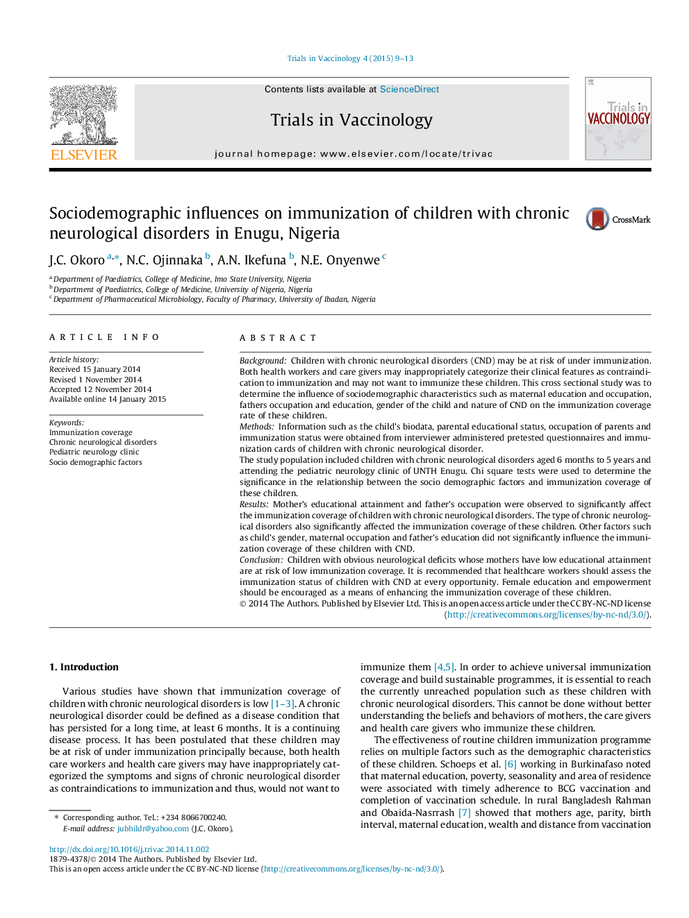 Sociodemographic influences on immunization of children with chronic neurological disorders in Enugu, Nigeria