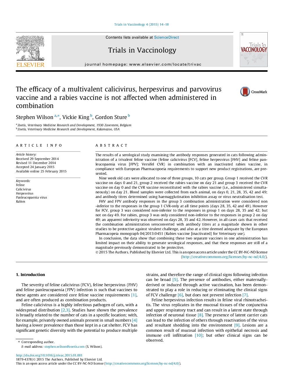 The efficacy of a multivalent calicivirus, herpesvirus and parvovirus vaccine and a rabies vaccine is not affected when administered in combination