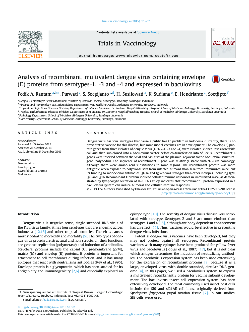 Analysis of recombinant, multivalent dengue virus containing envelope (E) proteins from serotypes-1, -3 and -4 and expressed in baculovirus