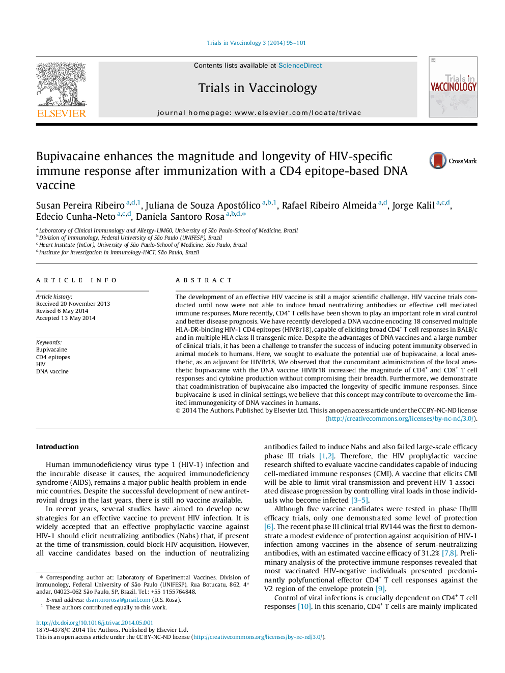 Bupivacaine enhances the magnitude and longevity of HIV-specific immune response after immunization with a CD4 epitope-based DNA vaccine