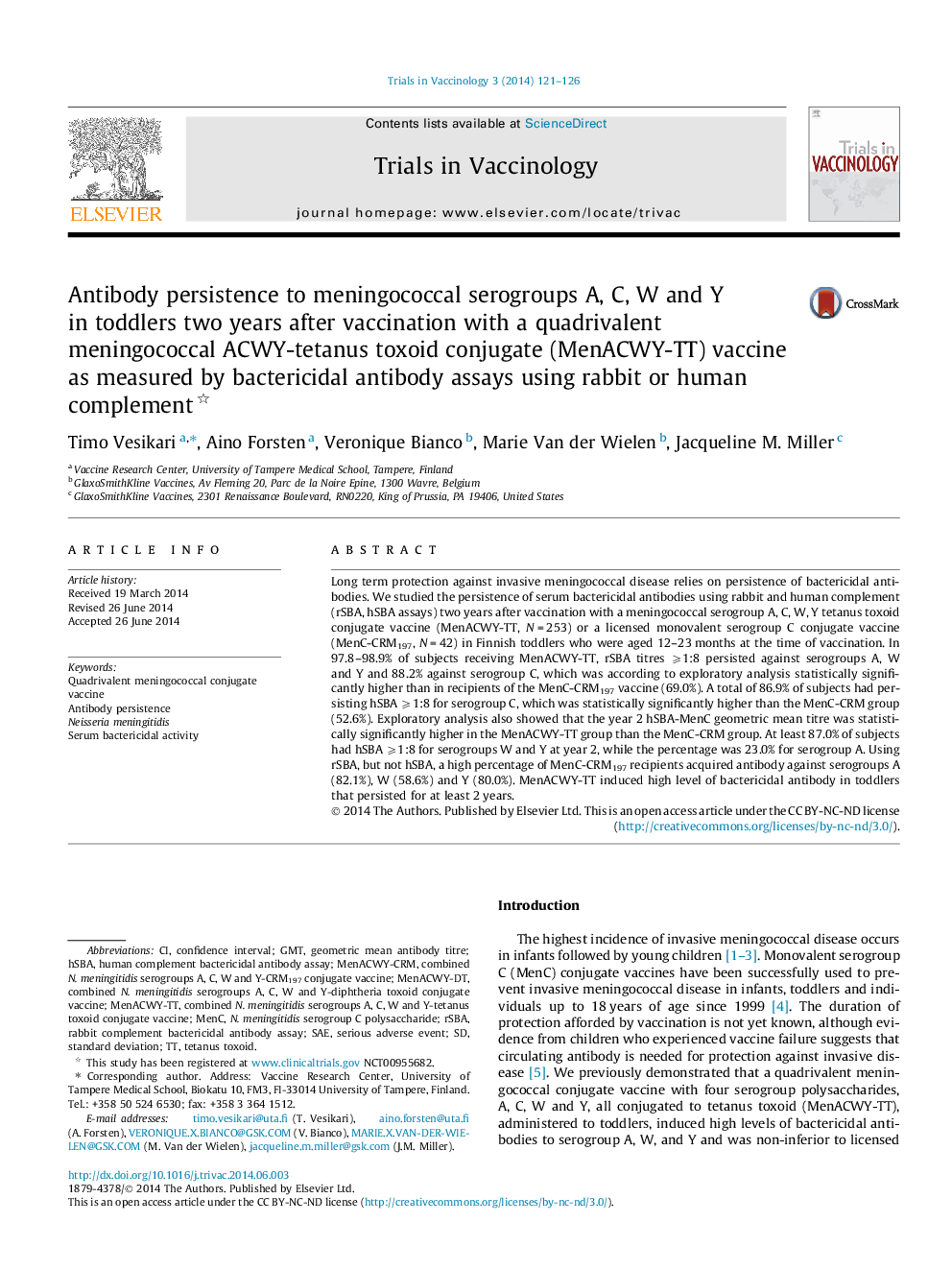 Antibody persistence to meningococcal serogroups A, C, W and Y in toddlers two years after vaccination with a quadrivalent meningococcal ACWY-tetanus toxoid conjugate (MenACWY-TT) vaccine as measured by bactericidal antibody assays using rabbit or human c