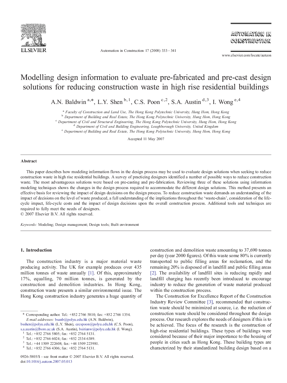 Modelling design information to evaluate pre-fabricated and pre-cast design solutions for reducing construction waste in high rise residential buildings