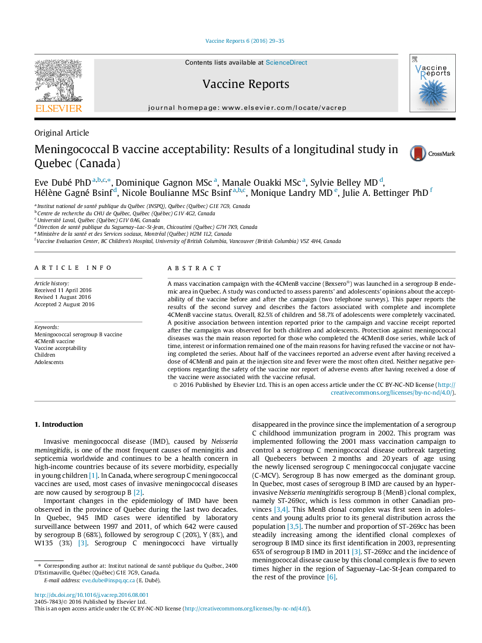 Meningococcal B vaccine acceptability: Results of a longitudinal study in Quebec (Canada)