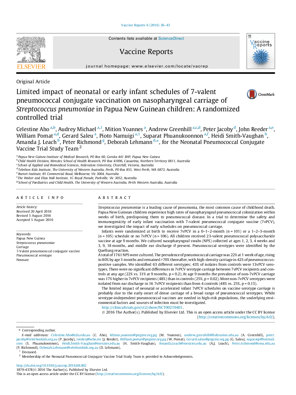 Limited impact of neonatal or early infant schedules of 7-valent pneumococcal conjugate vaccination on nasopharyngeal carriage of Streptococcus pneumoniae in Papua New Guinean children: A randomized controlled trial