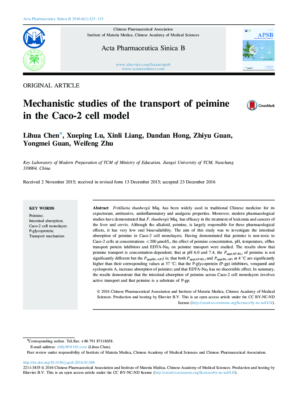 Mechanistic studies of the transport of peimine in the Caco-2 cell model 
