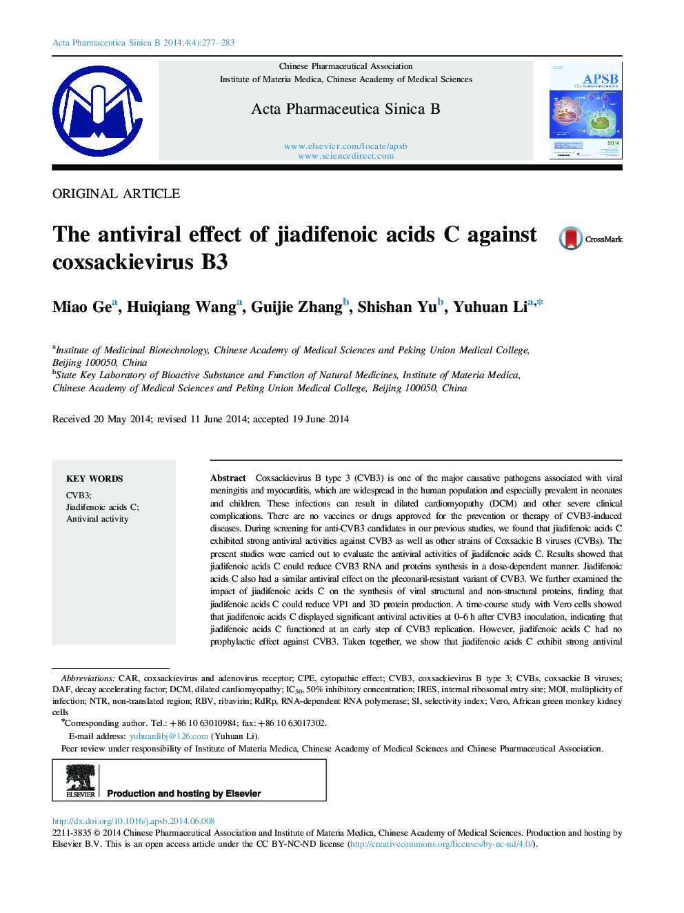 The antiviral effect of jiadifenoic acids C against coxsackievirus B3 