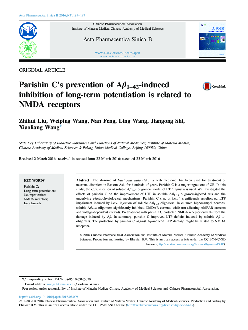 Parishin C's prevention of Aβ1–42-induced inhibition of long-term potentiation is related to NMDA receptors 