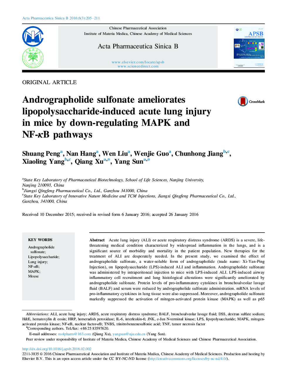 Andrographolide sulfonate ameliorates lipopolysaccharide-induced acute lung injury in mice by down-regulating MAPK and NF-κB pathways 