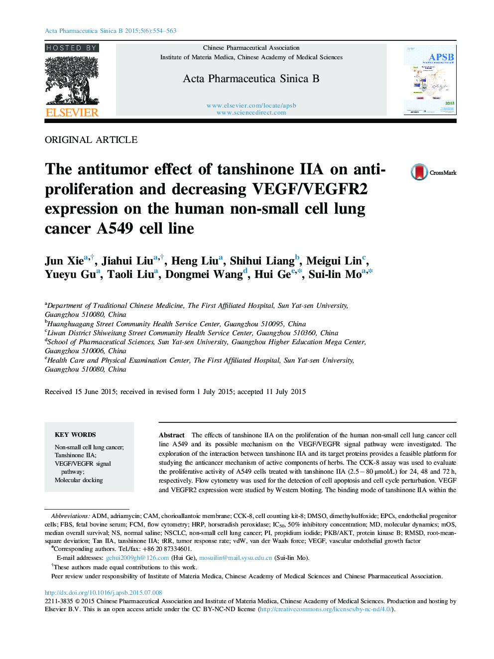 The antitumor effect of tanshinone IIA on anti-proliferation and decreasing VEGF/VEGFR2 expression on the human non-small cell lung cancer A549 cell line 
