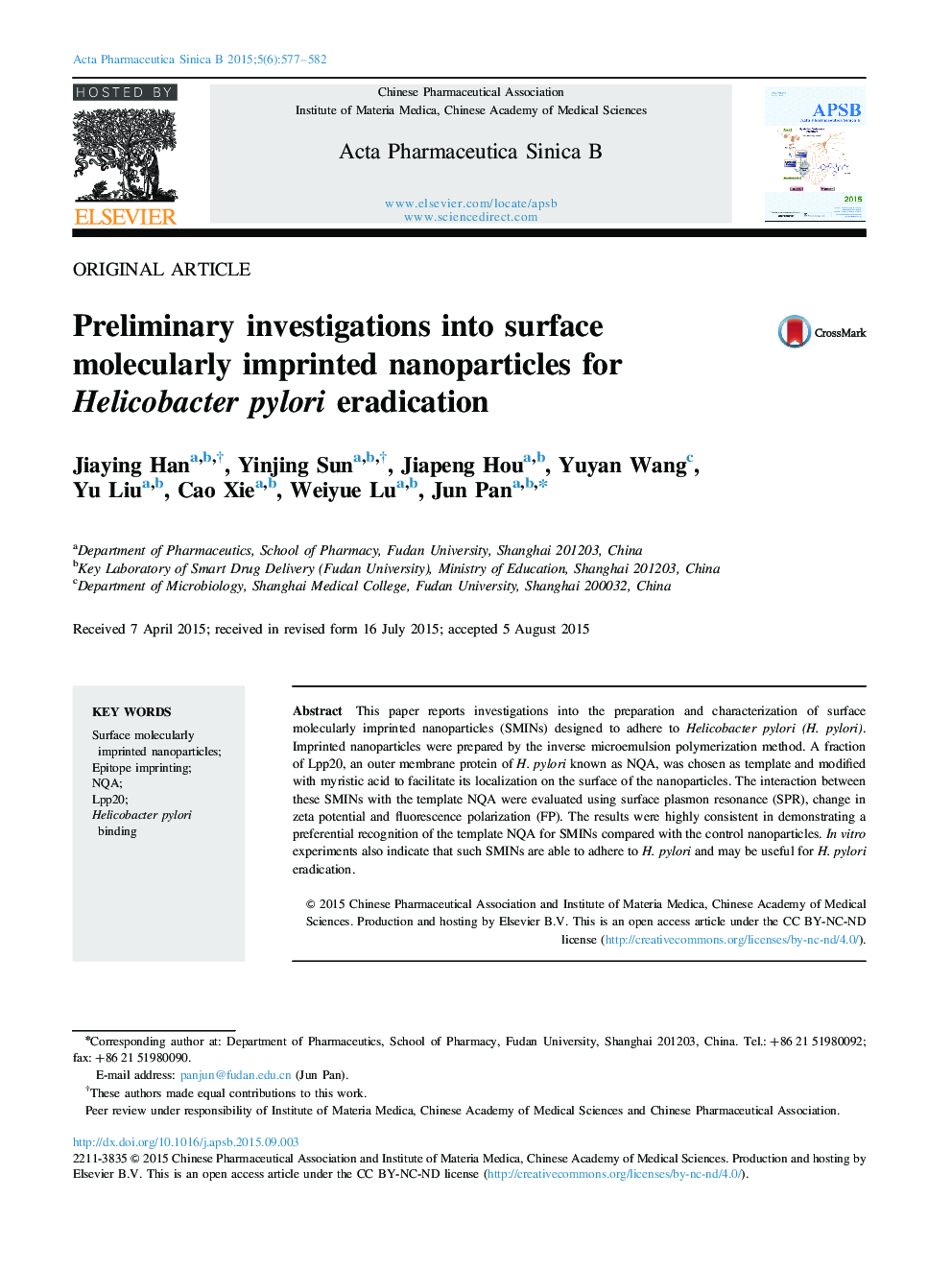 Preliminary investigations into surface molecularly imprinted nanoparticles for Helicobacter pylori eradication 