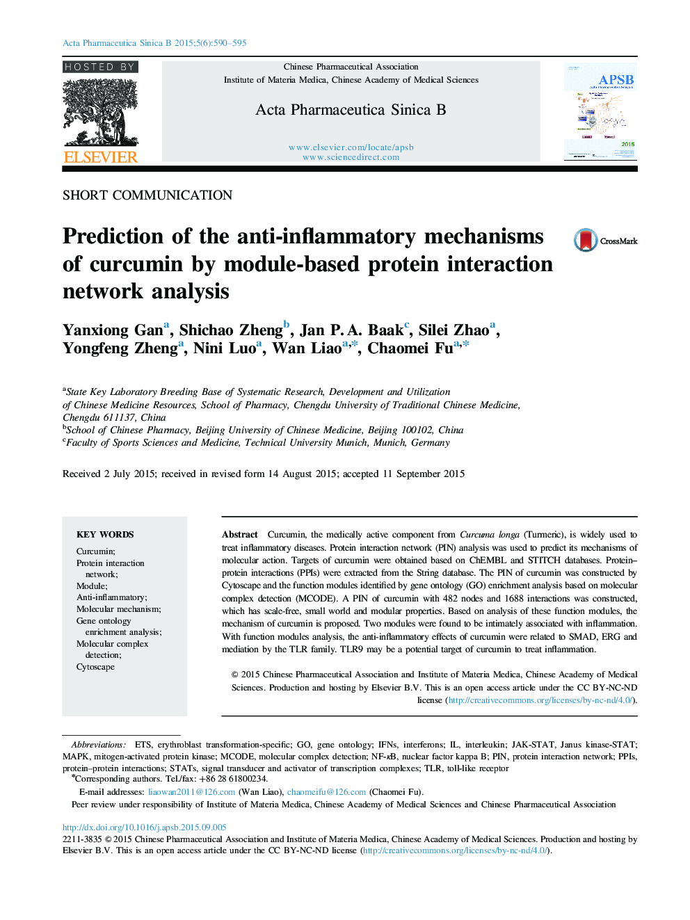 Prediction of the anti-inflammatory mechanisms of curcumin by module-based protein interaction network analysis 