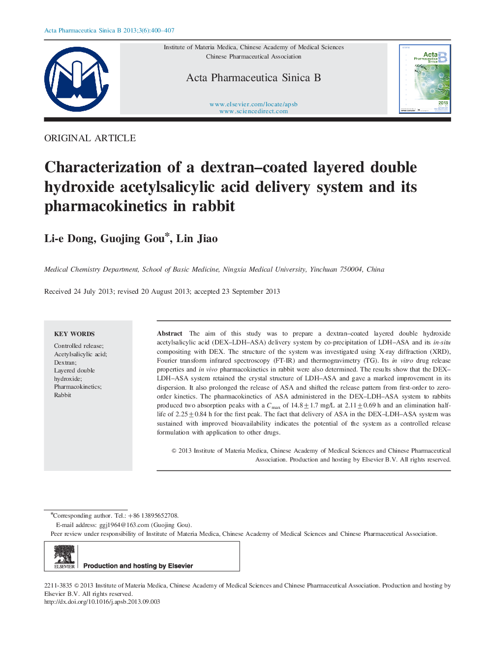 Characterization of a dextran–coated layered double hydroxide acetylsalicylic acid delivery system and its pharmacokinetics in rabbit 