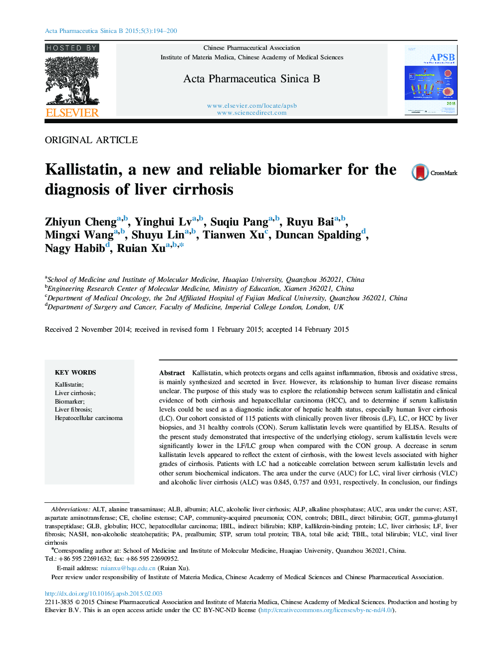 Kallistatin, a new and reliable biomarker for the diagnosis of liver cirrhosis 