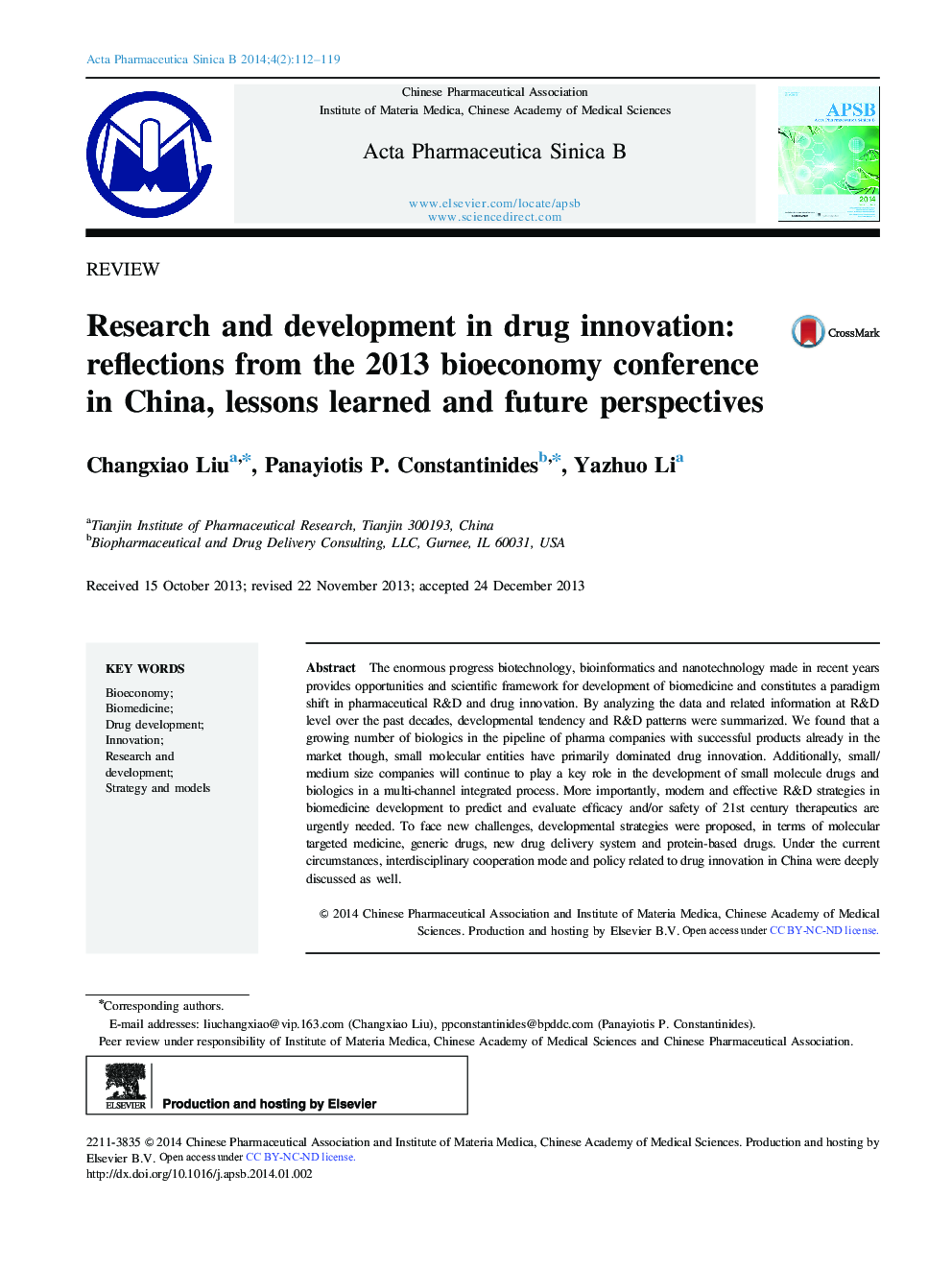 Research and development in drug innovation: reflections from the 2013 bioeconomy conference in China, lessons learned and future perspectives 