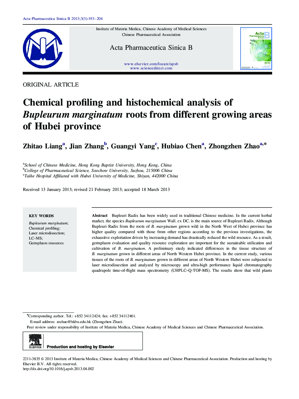 Chemical profiling and histochemical analysis of Bupleurum marginatum roots from different growing areas of Hubei province 