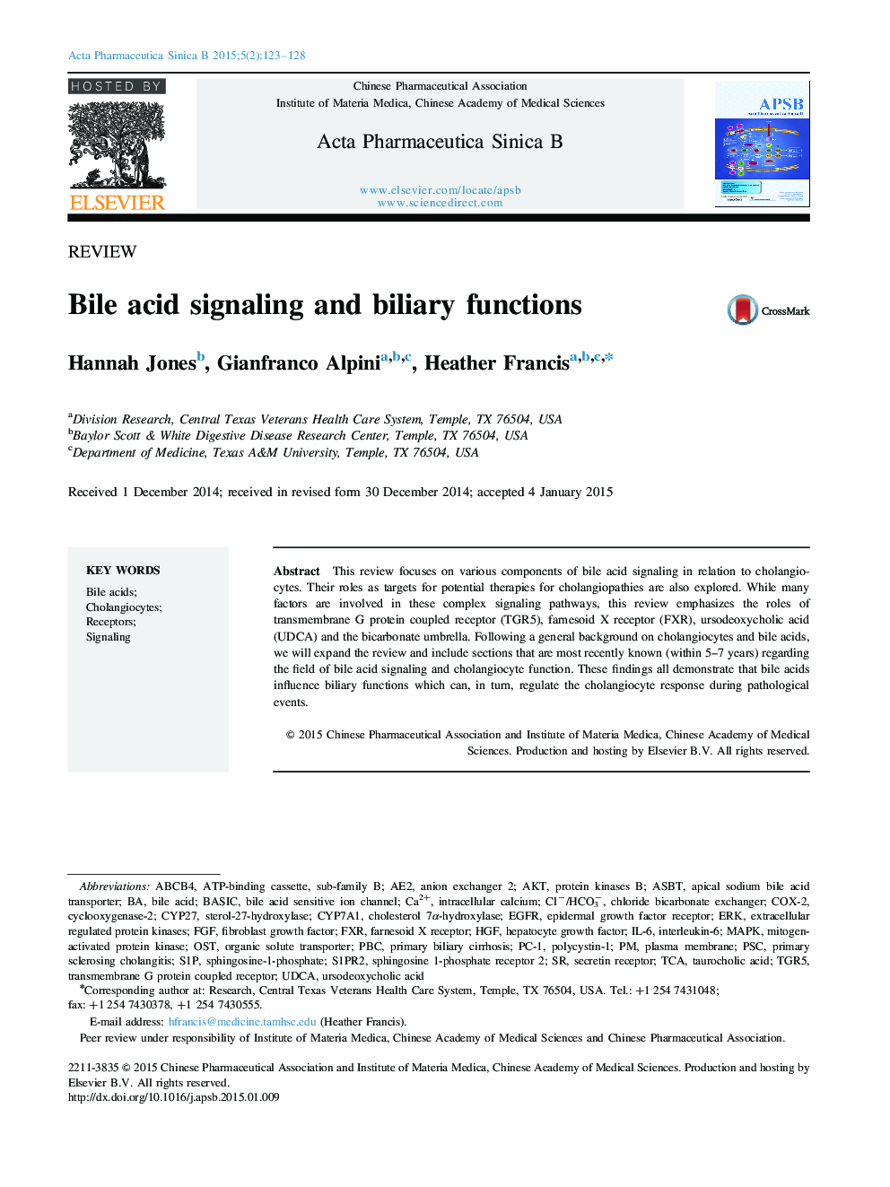 Bile acid signaling and biliary functions 