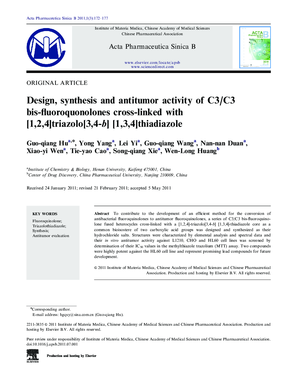 Design, synthesis and antitumor activity of C3/C3 bis-fluoroquonolones cross-linked with [1,2,4]triazolo[3,4-b] [1,3,4]thiadiazole