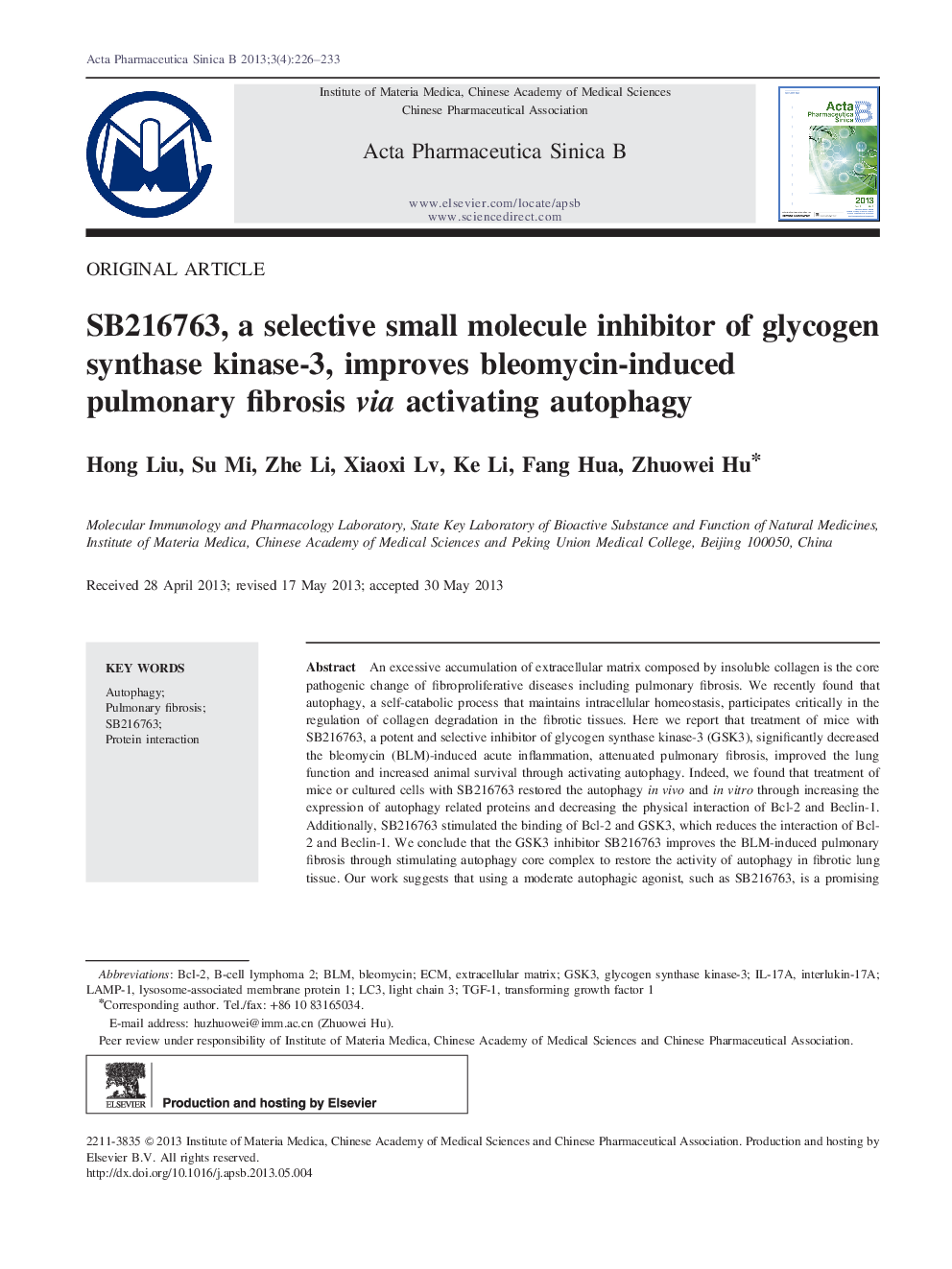 SB216763, a selective small molecule inhibitor of glycogen synthase kinase-3, improves bleomycin-induced pulmonary fibrosis via activating autophagy 