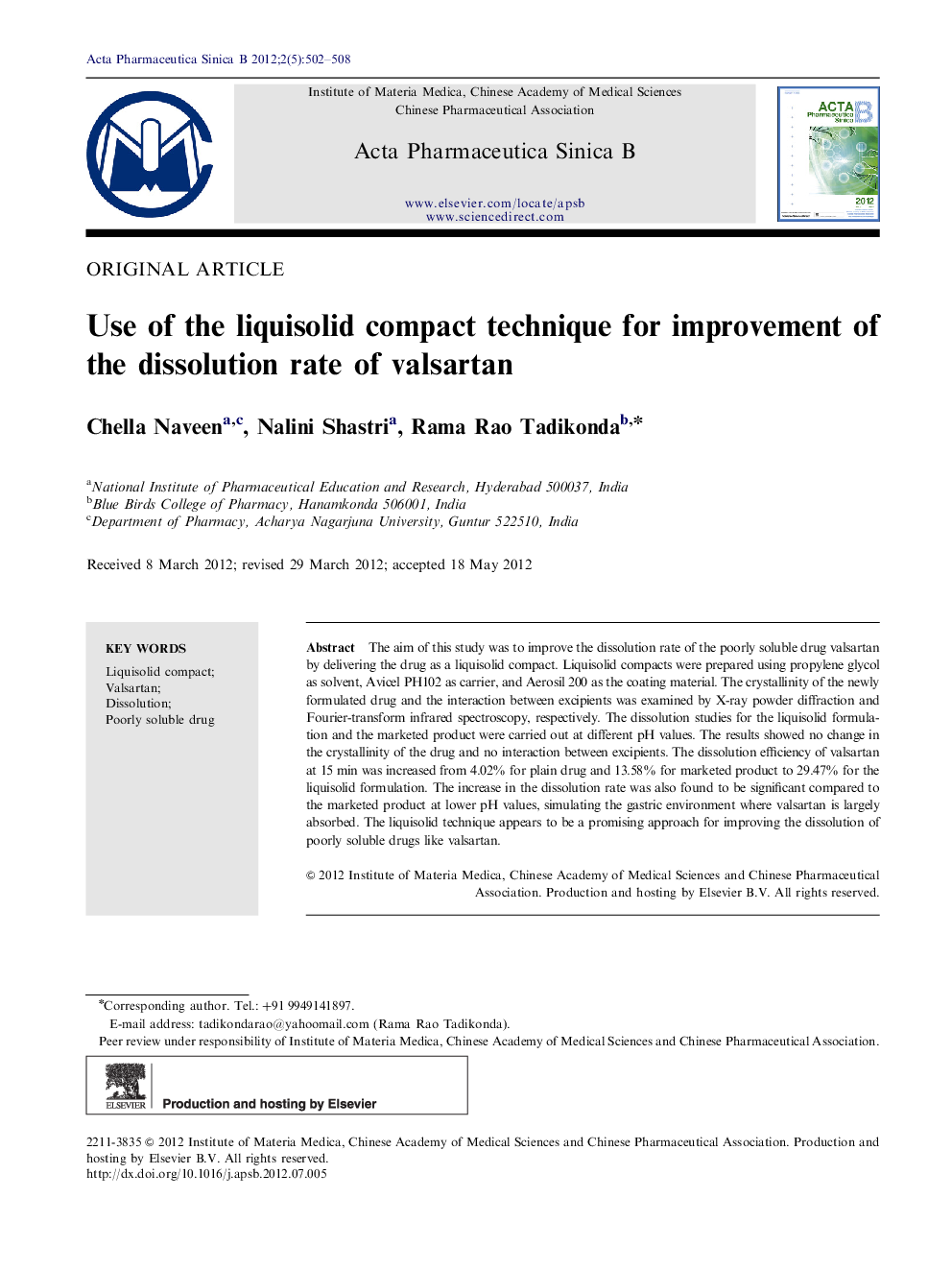 Use of the liquisolid compact technique for improvement of the dissolution rate of valsartan 