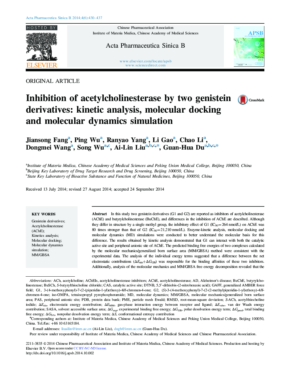 Inhibition of acetylcholinesterase by two genistein derivatives: kinetic analysis, molecular docking and molecular dynamics simulation 