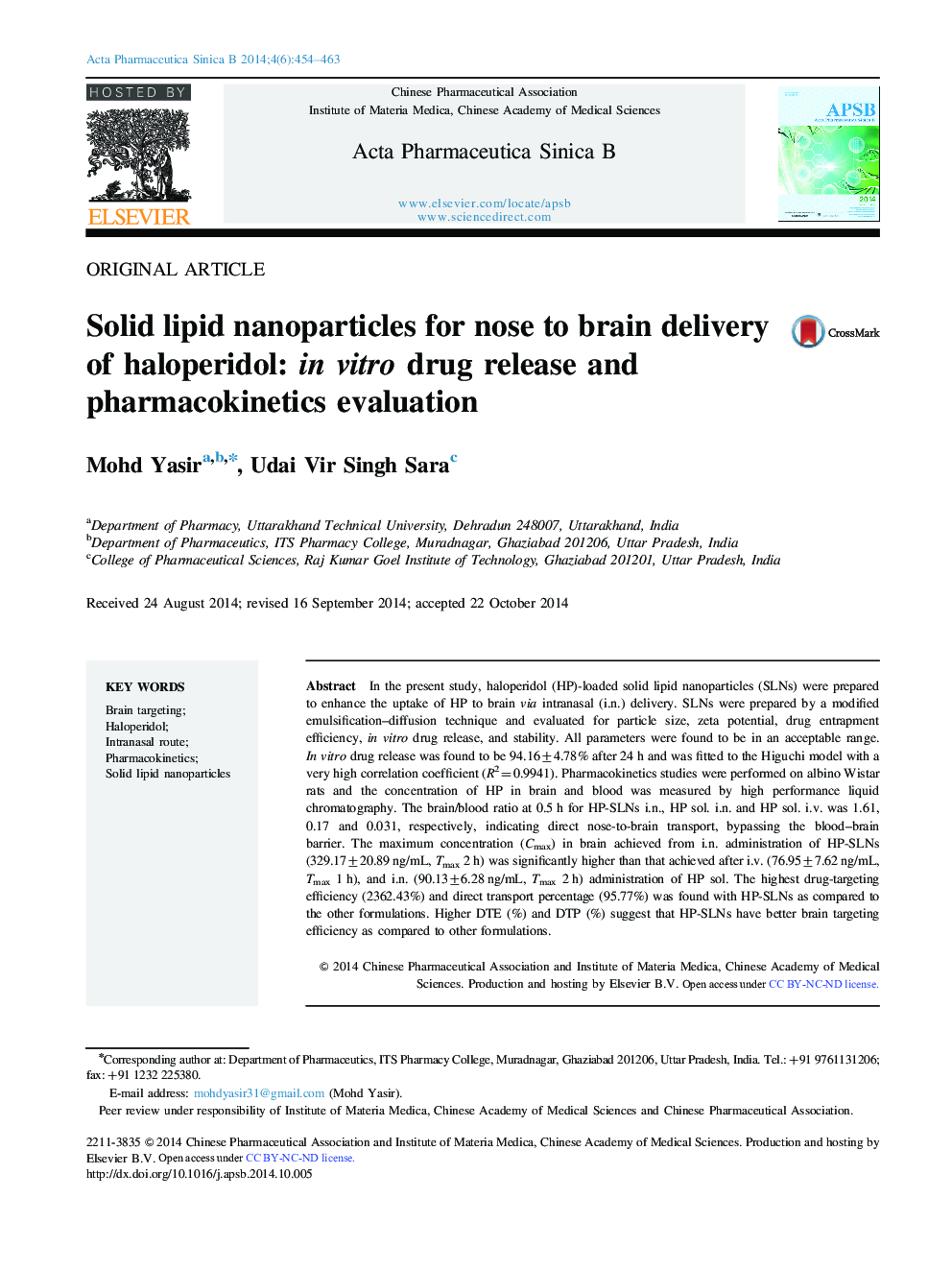 Solid lipid nanoparticles for nose to brain delivery of haloperidol: in vitro drug release and pharmacokinetics evaluation 