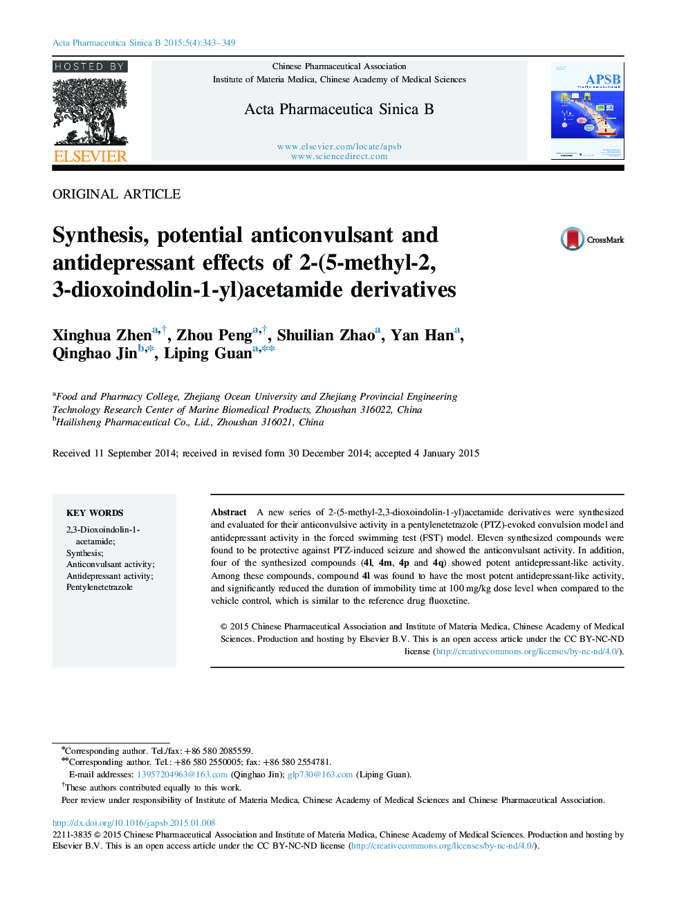 Synthesis, potential anticonvulsant and antidepressant effects of 2-(5-methyl-2,3-dioxoindolin-1-yl)acetamide derivatives 