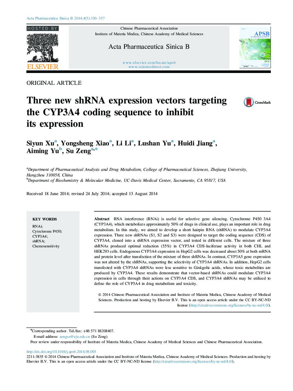 Three new shRNA expression vectors targeting the CYP3A4 coding sequence to inhibit its expression 