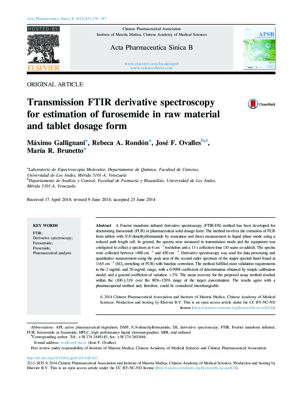 Transmission FTIR derivative spectroscopy for estimation of furosemide in raw material and tablet dosage form 