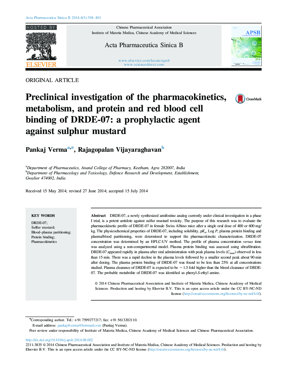 Preclinical investigation of the pharmacokinetics, metabolism, and protein and red blood cell binding of DRDE-07: a prophylactic agent against sulphur mustard 