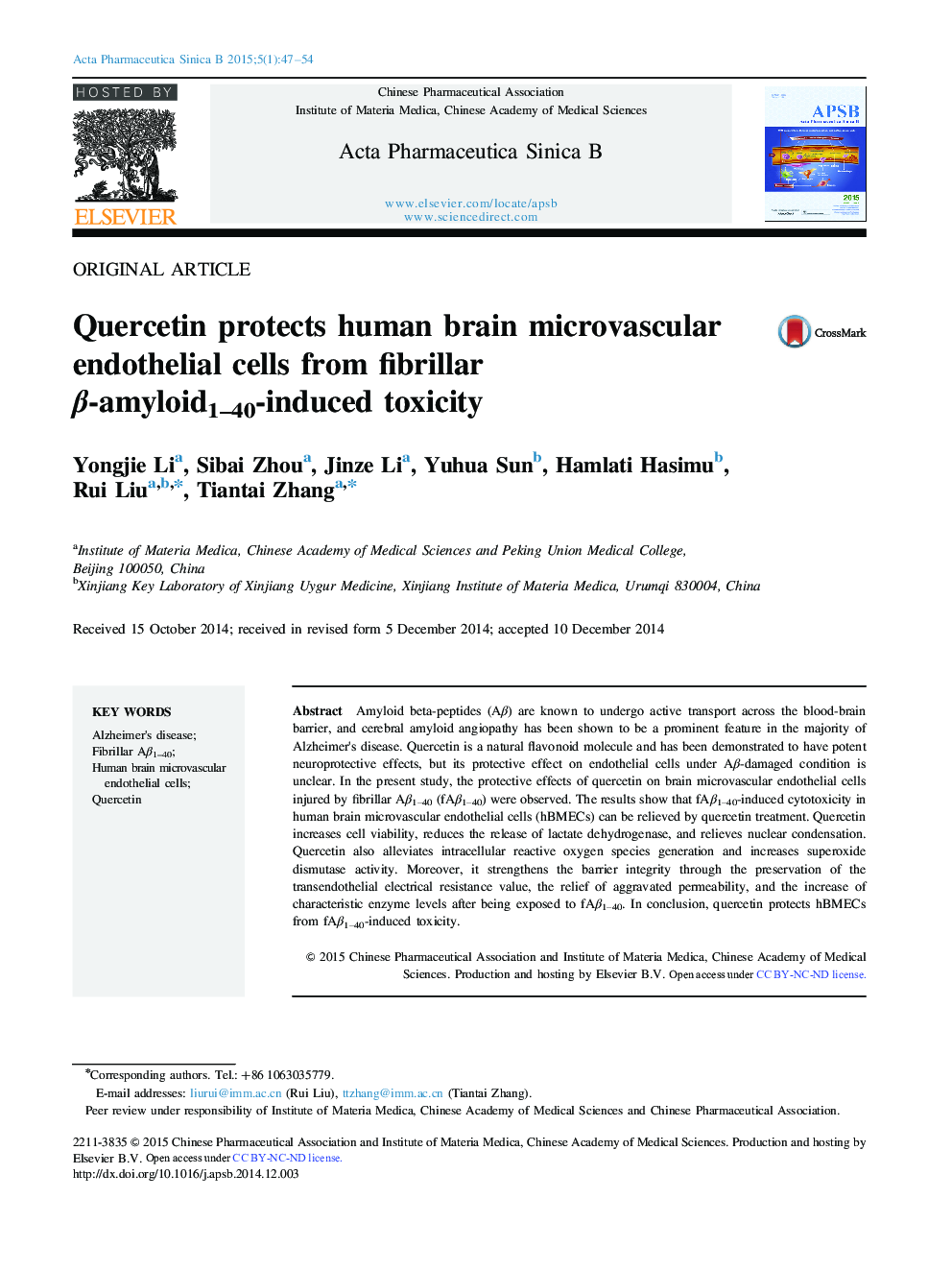 Quercetin protects human brain microvascular endothelial cells from fibrillar β-amyloid1–40-induced toxicity 