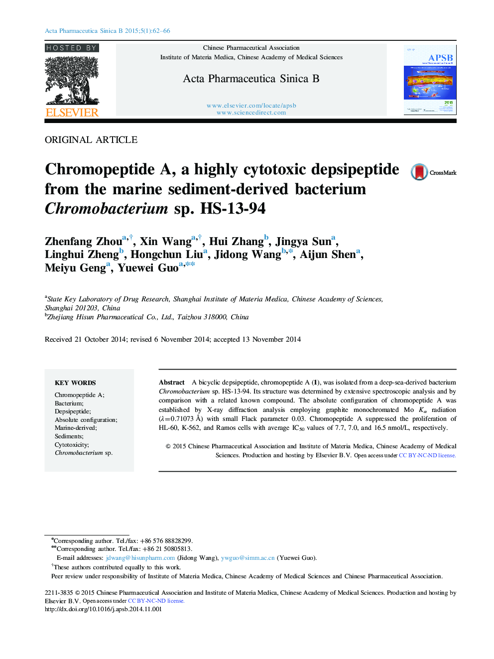 Chromopeptide A, a highly cytotoxic depsipeptide from the marine sediment-derived bacterium Chromobacterium sp. HS-13-94 