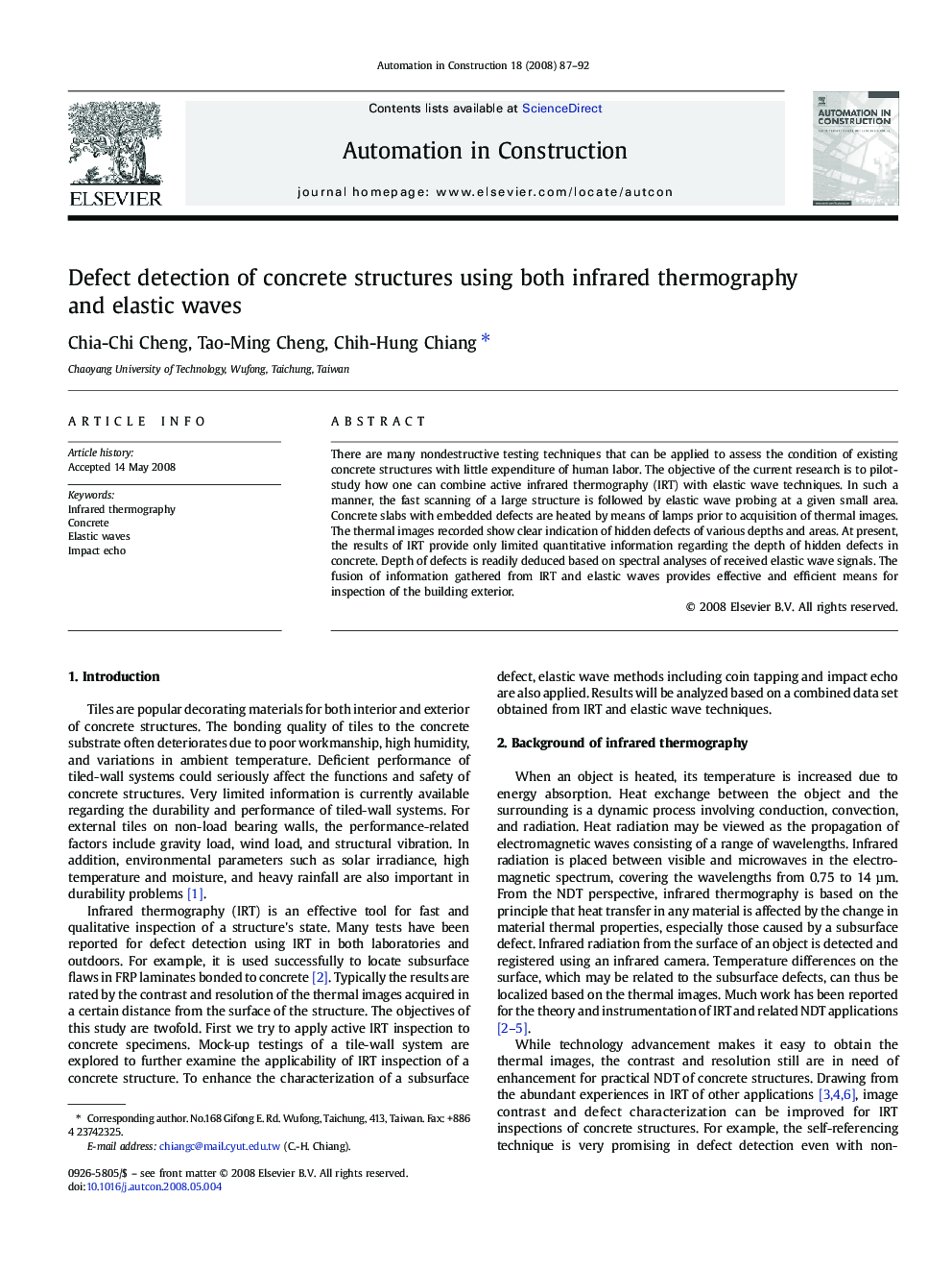 Defect detection of concrete structures using both infrared thermography and elastic waves