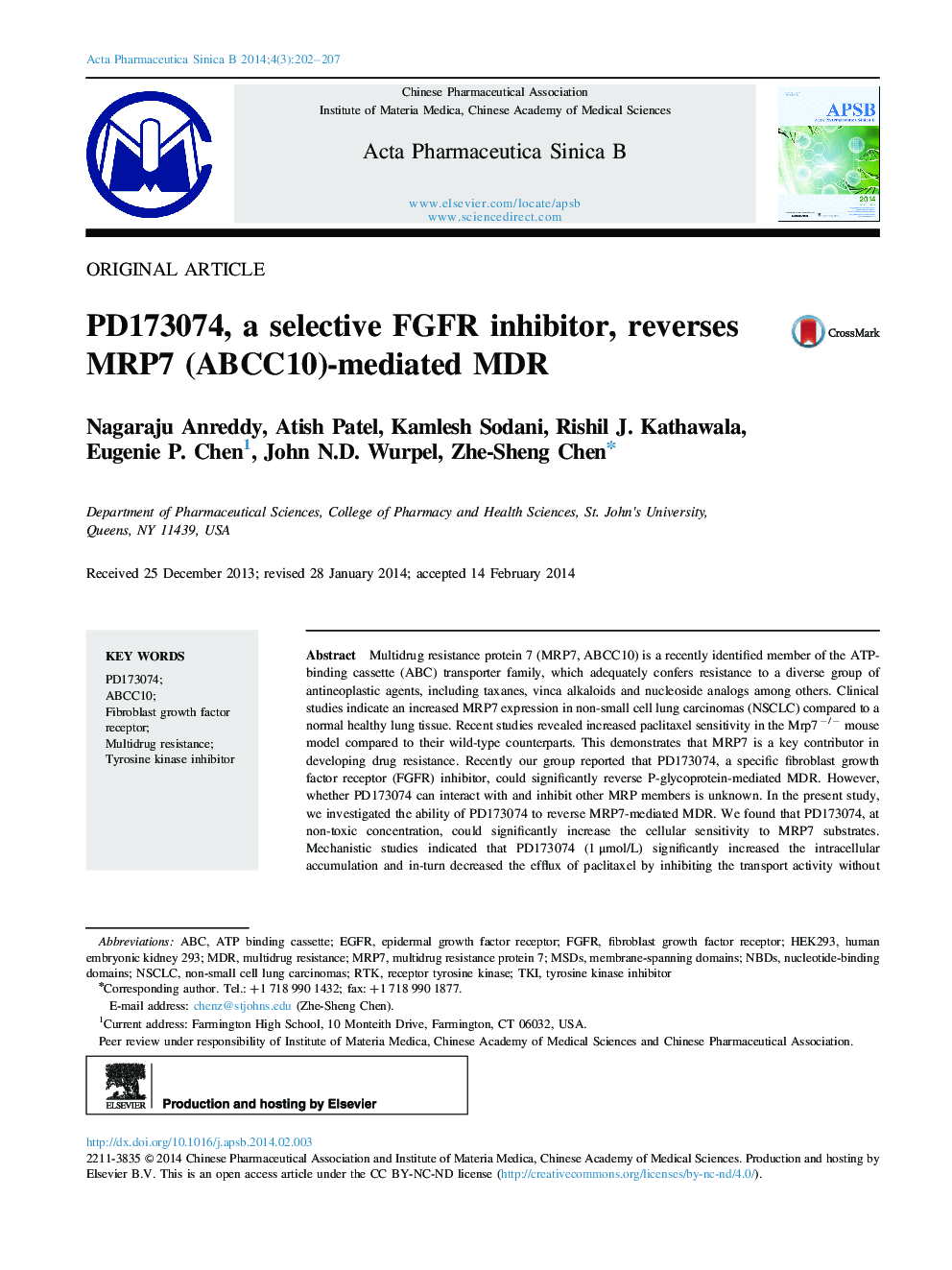 PD173074, a selective FGFR inhibitor, reverses MRP7 (ABCC10)-mediated MDR 